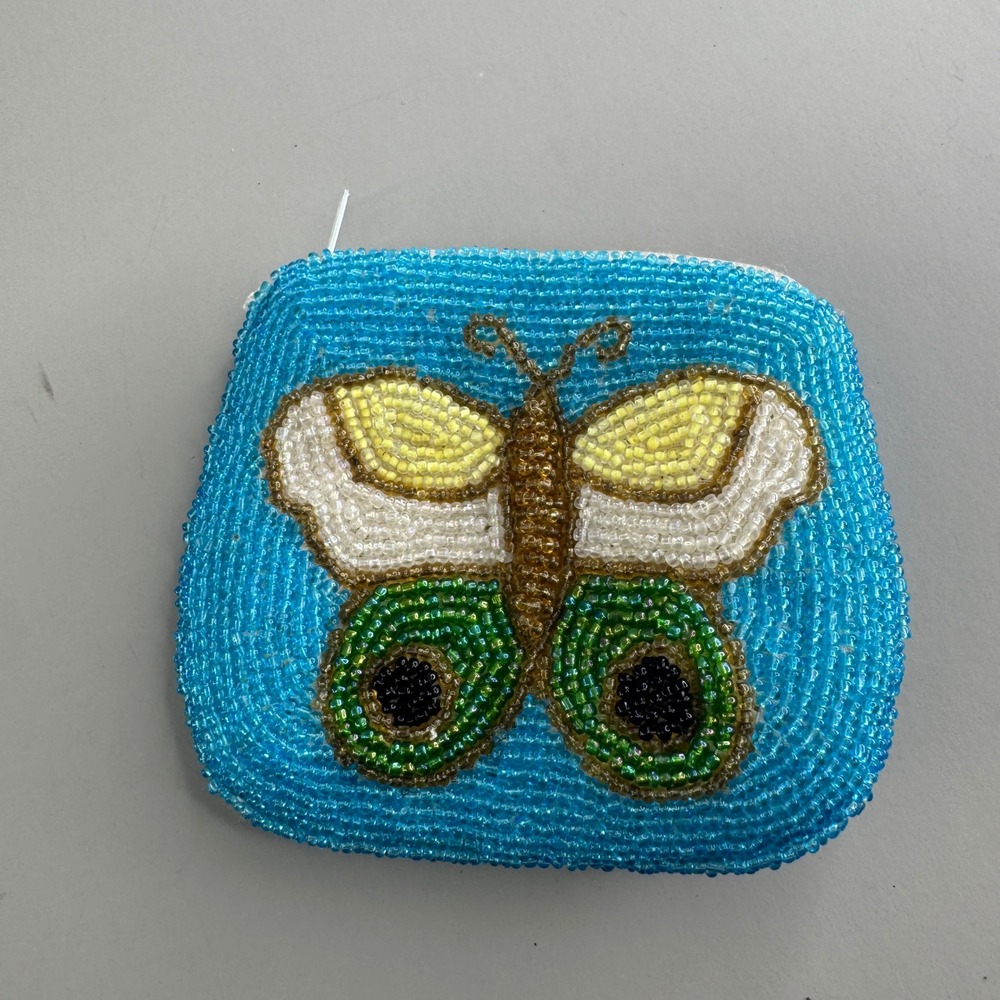 Unbranded Women Beaded Butterfly Coin Purse Seed Bead Zipper Pouch Blue Small